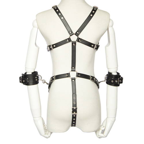 Open Breast Leather Body Harness with Cuffs - Click Image to Close