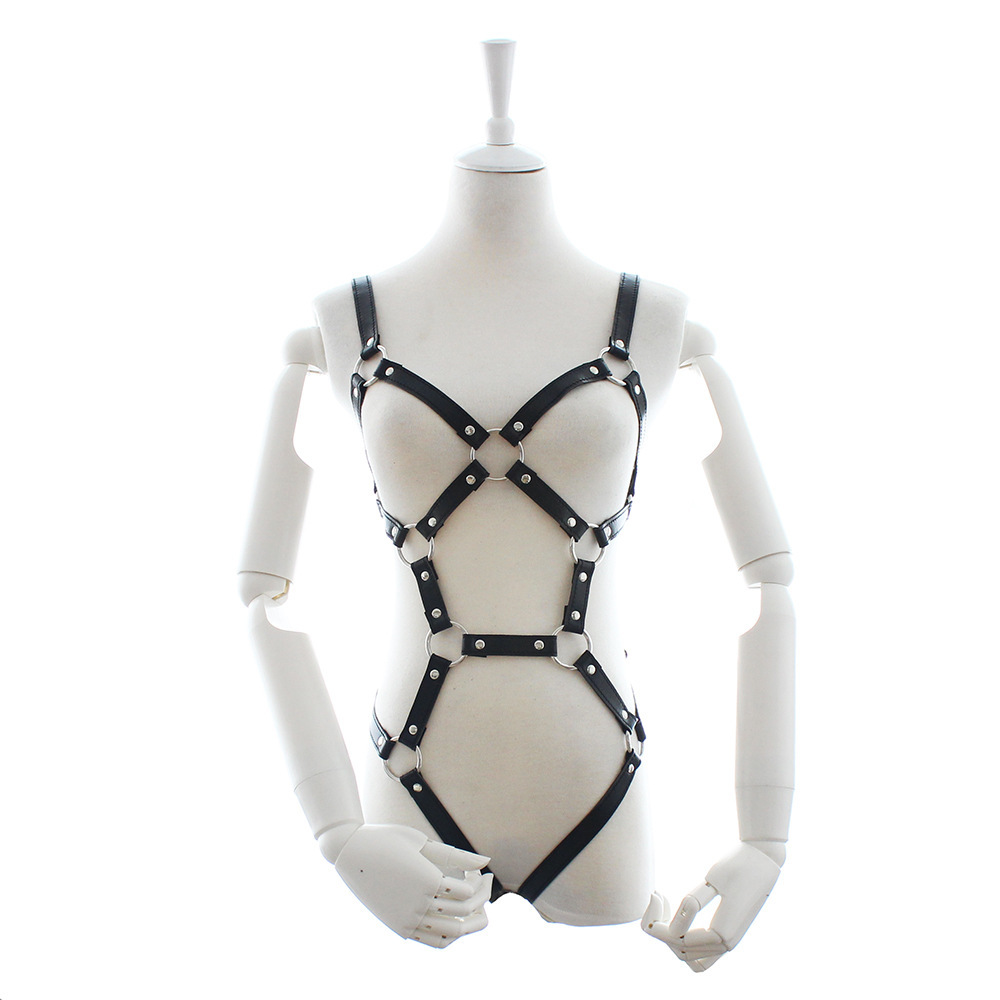 Open Breast Leather Body Harness with Cuffs - Click Image to Close