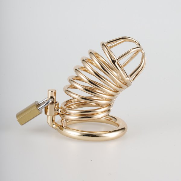 Gold/DarkPink Metal Chastity Cage Device(3 Rings)