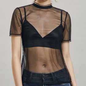 Black Transparent Back Hollowed-out Lace Tops