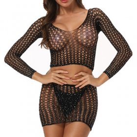 Sexy Hollowed-out Rhinestone Decorated Top&dress Set