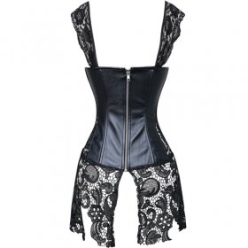 Black Lace Strappy Faux Leather Splicing Back Zipper Bustiers