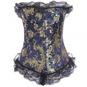 Royal Embroidered Lace Trim Buckled Sexy Corset With Thong
