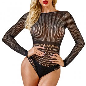Women New Long Sleeves Hollowed-out Mesh Bodysuit