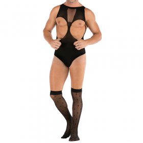 Hot Sleeveless Cupless Men Mesh Teddy With Stockings