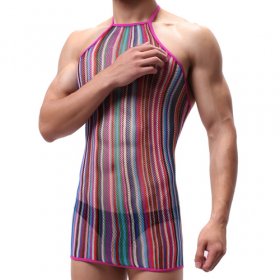 Men Haltered Colorful Striped Mesh Dress