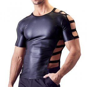 Men Hot Patent Leather Hollowed-out T-shirt