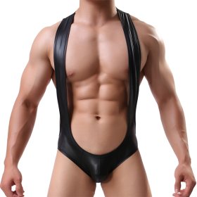 Men Faux Leather Assless Game One Pieces