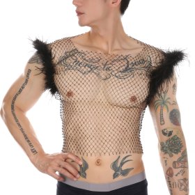 Hot Men Feather Rhinestone Fishnet Vest Nightwear