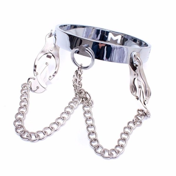 Chrome M Slave Collar With Japanese Clover Clamps
