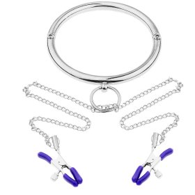 Stainless Steel Chrome Slave Collar with Nipple Clamps