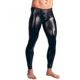 Men Patent Leather Front Zipper Show Trousers Pants