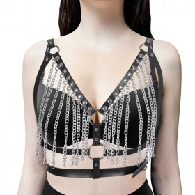 Women's Body Harness Leather Vest With Bra Chain