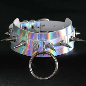 Double Layer PU Leather Silver Nail Collar - Laser