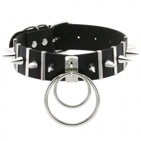 Spiked Rivet Double Ring Pendant Collar