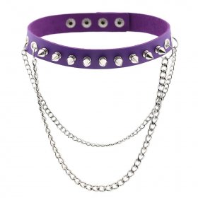 Rivet Spiked Leather Collar With Chain