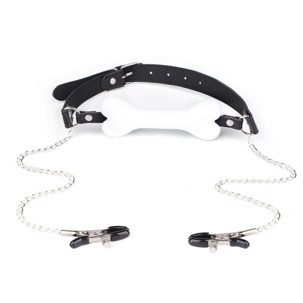 Dog Bone Soft Rubber Open Mouth Gag With Nipple Clamp