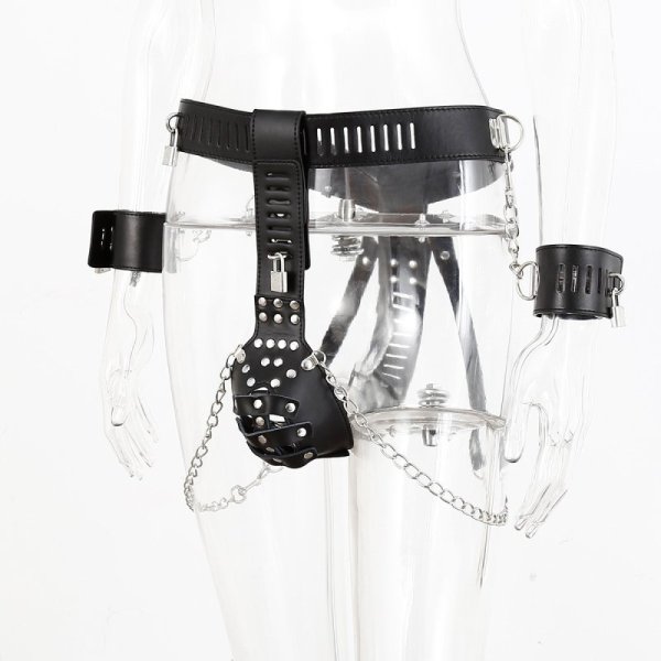 Leather Male Chastity Belt With Cuffs