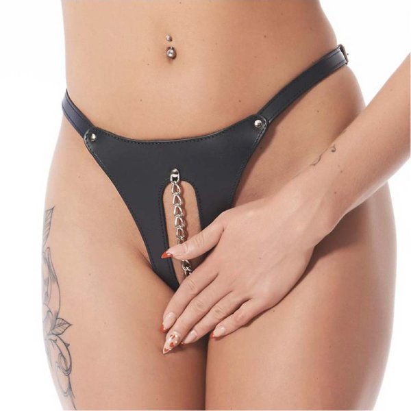 Open Front Leather Thong with Chain