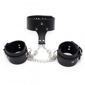 Leather Lockable Neck Collar With Handcuffs
