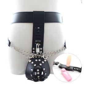 Leather Male Chastity Belt with Removable Butt Plug