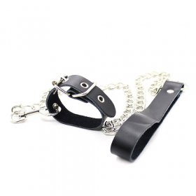 Buckling Cock Ring And Chain Leash Set - Real Leather