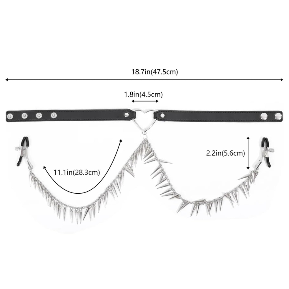 (image for) Leather Collar with Nipplle Clamp Spikes Chains