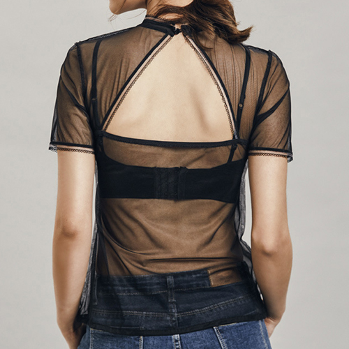 (image for) Black Transparent Back Hollowed-out Lace Tops