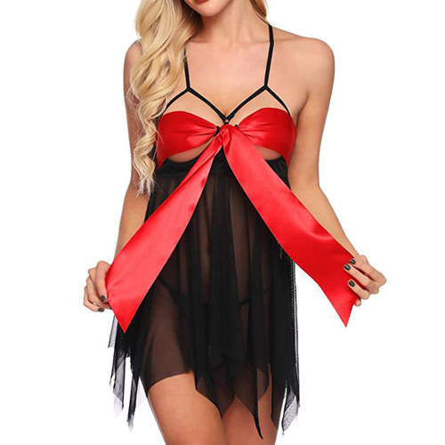 (image for) Elegant Strappy Front Bowknot Transparent Mesh Dress