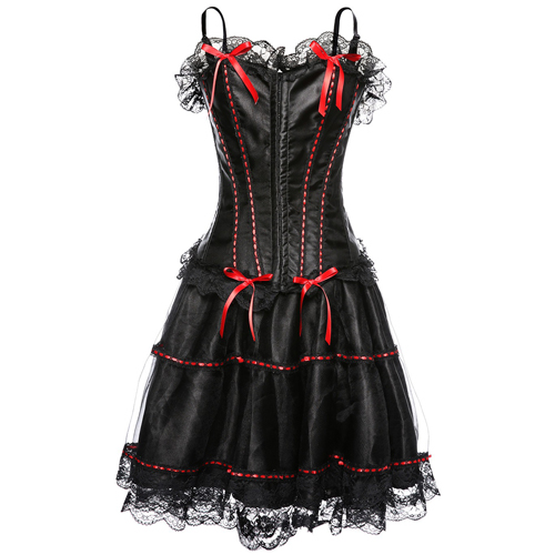 Hot Strappy Lace Trim Satin Corset With Mesh Dress