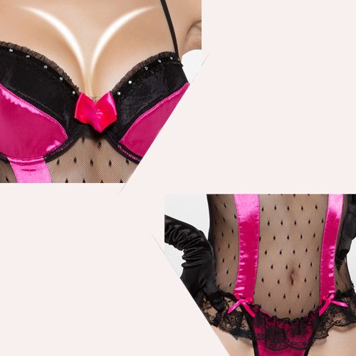 (image for) Alluring Satin Mesh Splicing Lace Trim Sexy Bodysuit