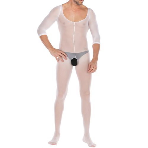 Pure White Crotchless Low Cut Jampsuit Teddy For Men