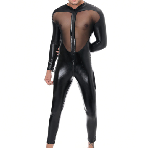 (image for) Men Transparent Faux Leather Spliced With Mesh Jampsuit