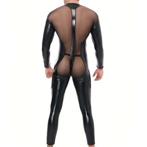 (image for) Men Transparent Faux Leather Spliced With Mesh Jampsuit