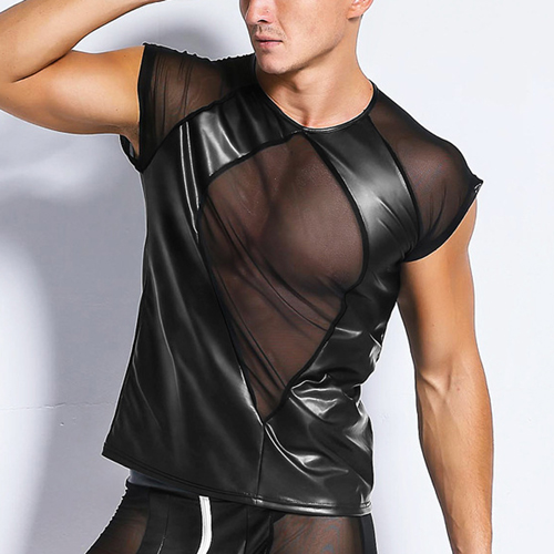 Strong Men Faux Leather Spliced With Mesh T-shirt