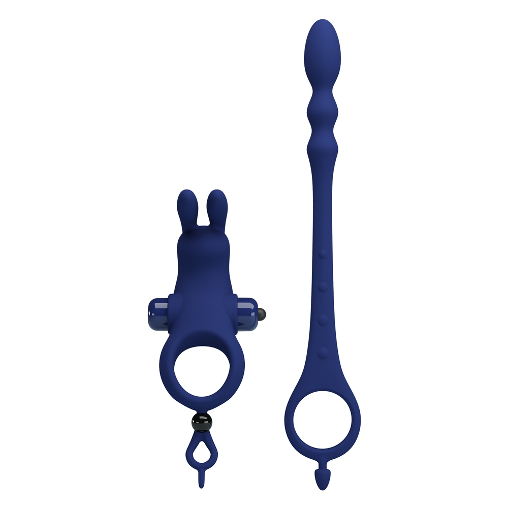 Prettylove Dark Blue Vibrating Bunny Cock Ring Anal Beads Set