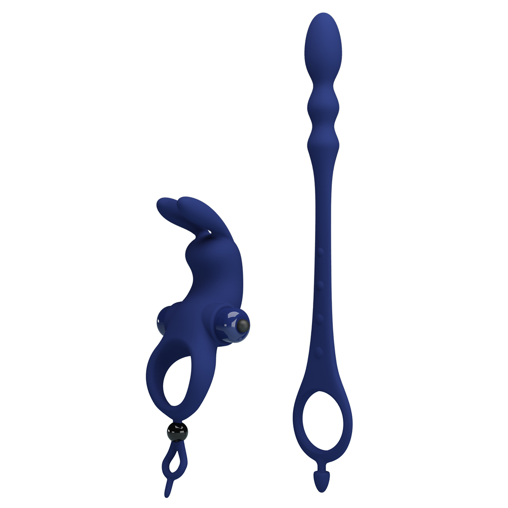 (image for) Prettylove Dark Blue Vibrating Bunny Cock Ring Anal Beads Set