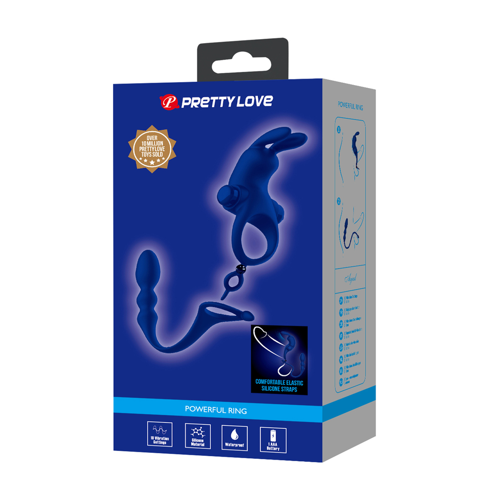 (image for) Prettylove Dark Blue Vibrating Bunny Cock Ring Anal Beads Set