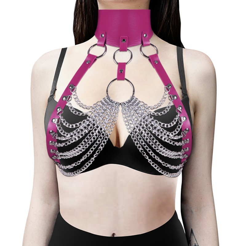Wide Leather Collar With Bra Chain