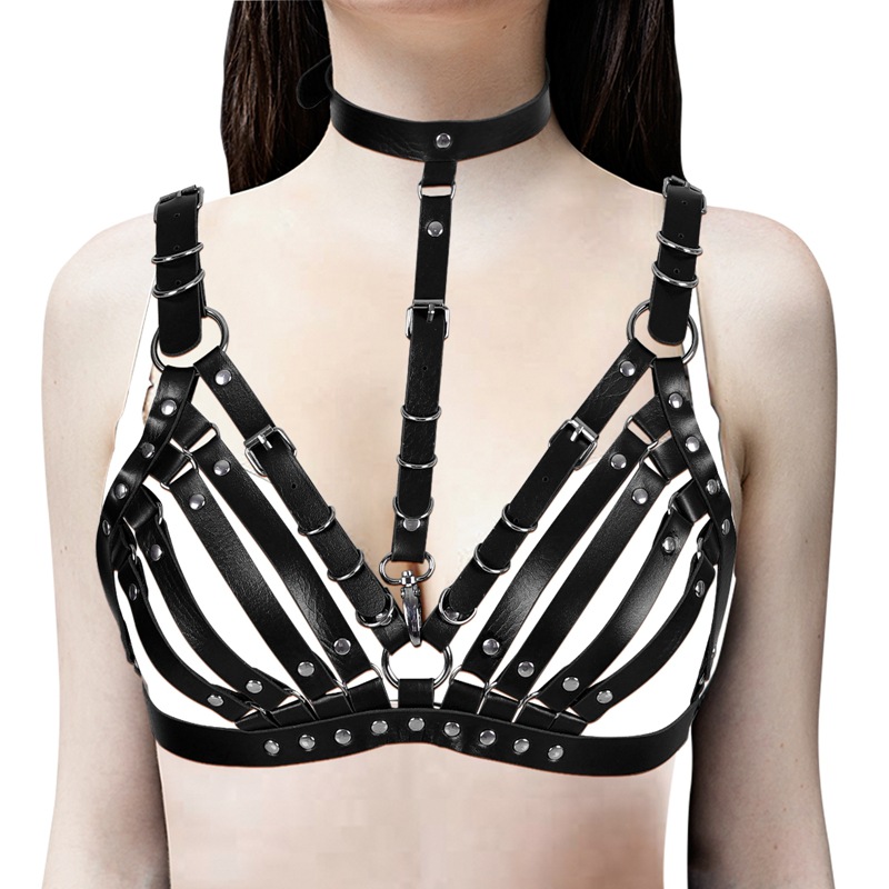Women\'s Leather Vest Bra Harness With Collar