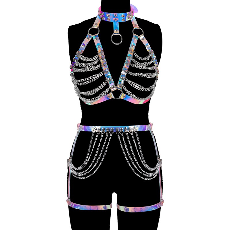 Women Laser Leather Suit Bra Chain Body Bondage - Click Image to Close