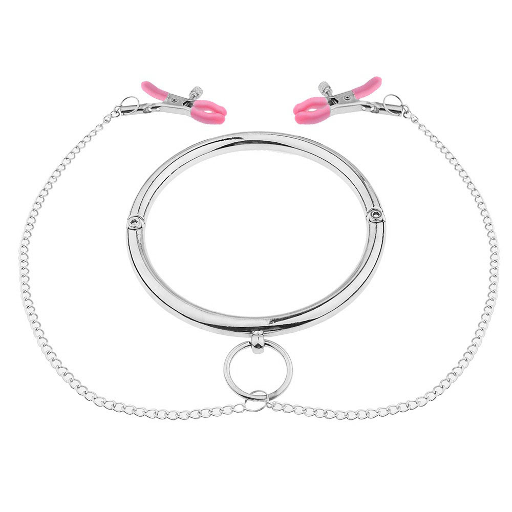 (image for) Stainless Steel Chrome Slave Collar with Nipple Clamps
