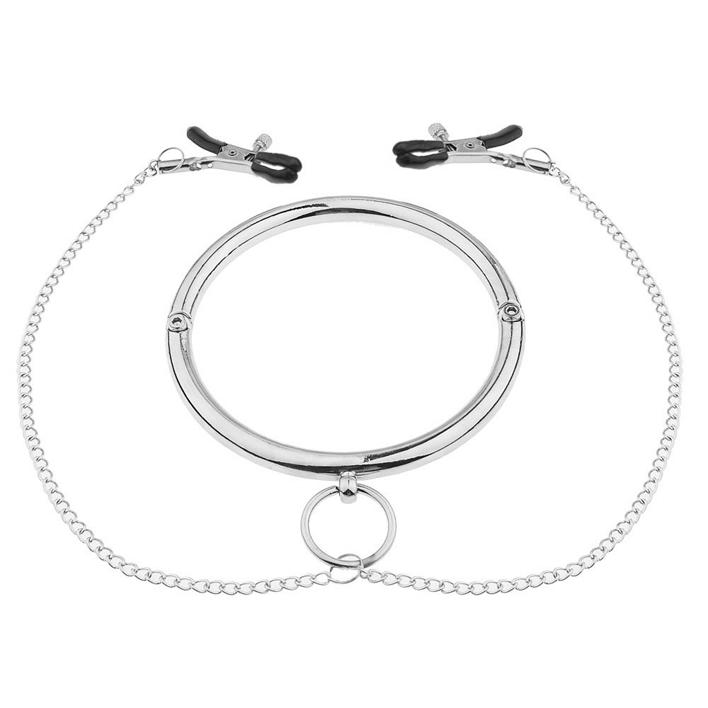 (image for) Stainless Steel Chrome Slave Collar with Nipple Clamps