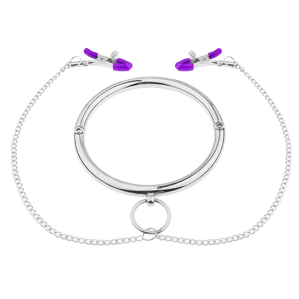 (image for) Stainless Steel Chrome Slave Collar with Nipple Clamps