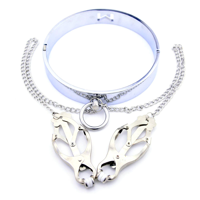 (image for) Chrome M Slave Collar With Japanese Clover Clamps