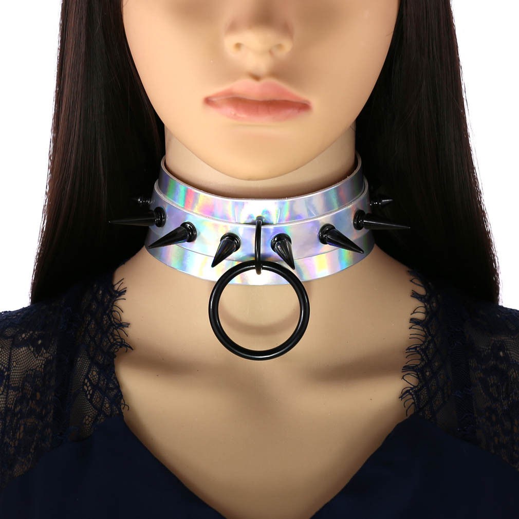 (image for) Double Layer PU Leather Black Nail Collar - Laser