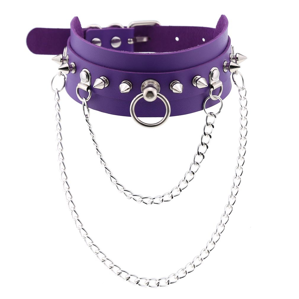 (image for) PU Leather Silver Nail Collar With Chain