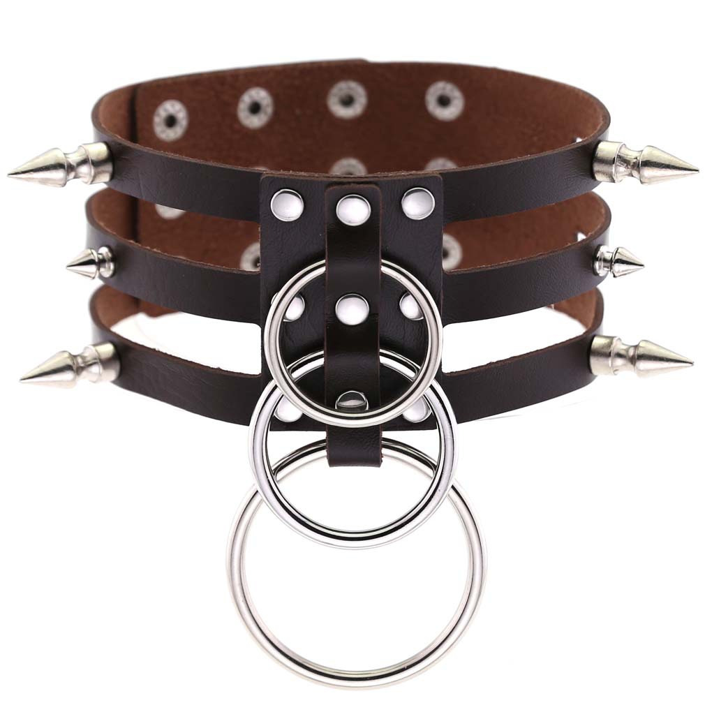 (image for) Three-row Silver-ring Rivet Spiked Collar