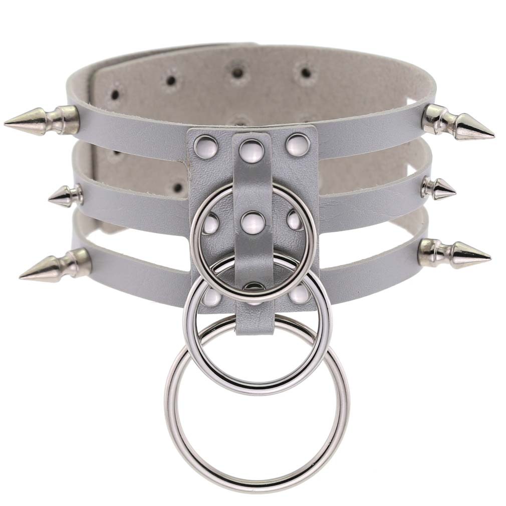 (image for) Three-row Silver-ring Rivet Spiked Collar