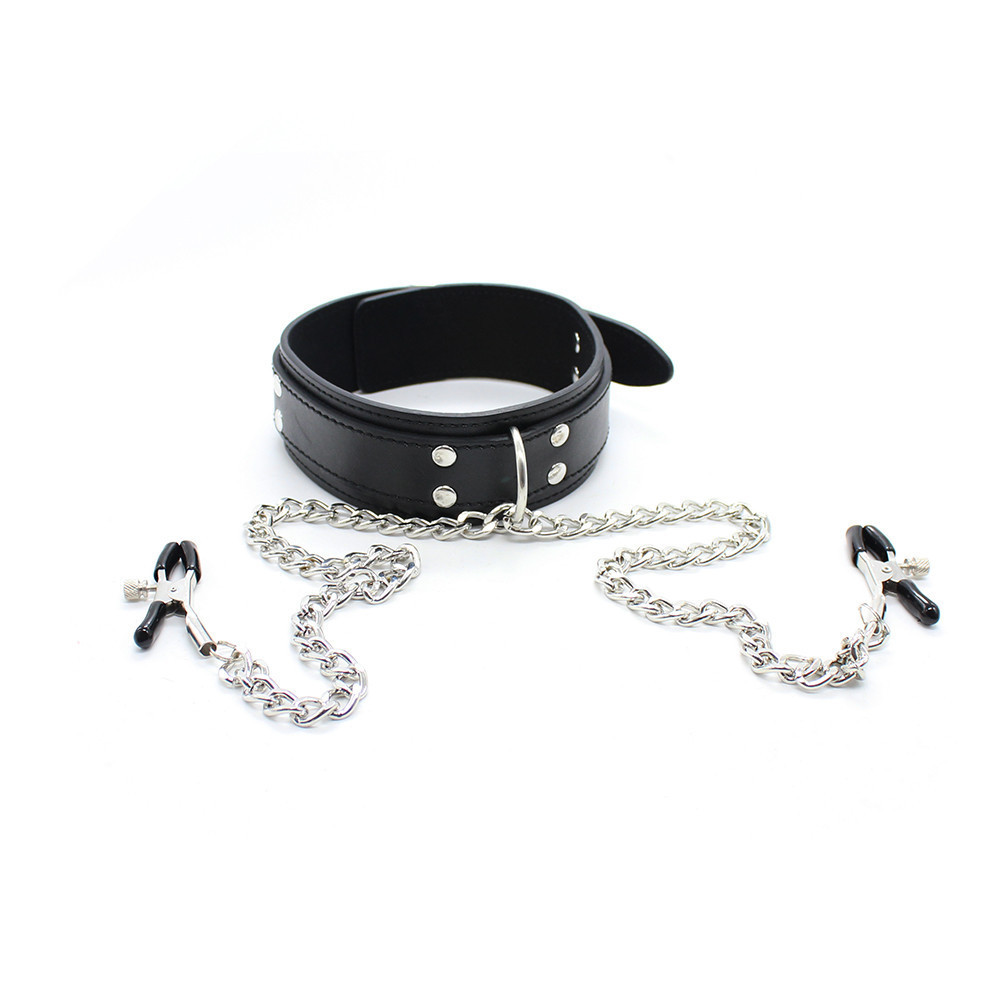 (image for) D Ring Bondage Collar With Nipple Clamp